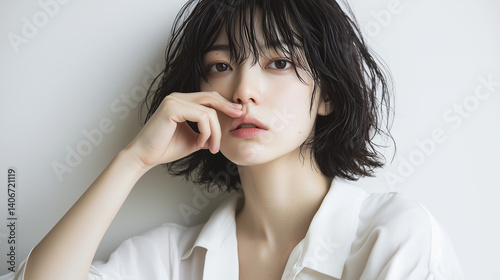 見つめる先の何か：美しい若い日本人女性のポートレート