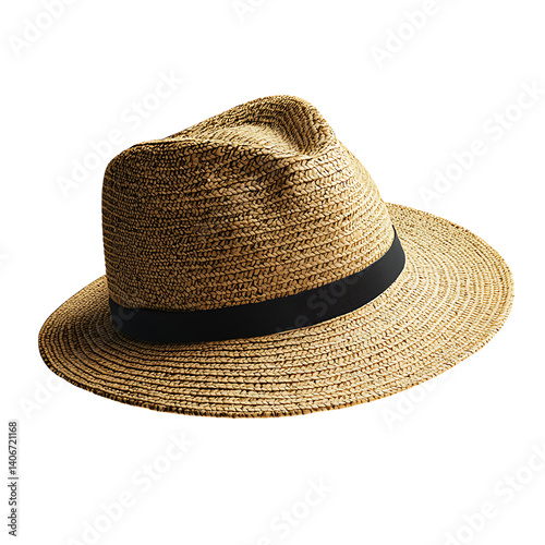 Realistic woven straw sunhat with indented crown wide brim and a black band shown isolated on a clean transparent background with no shadows or surrounding elements