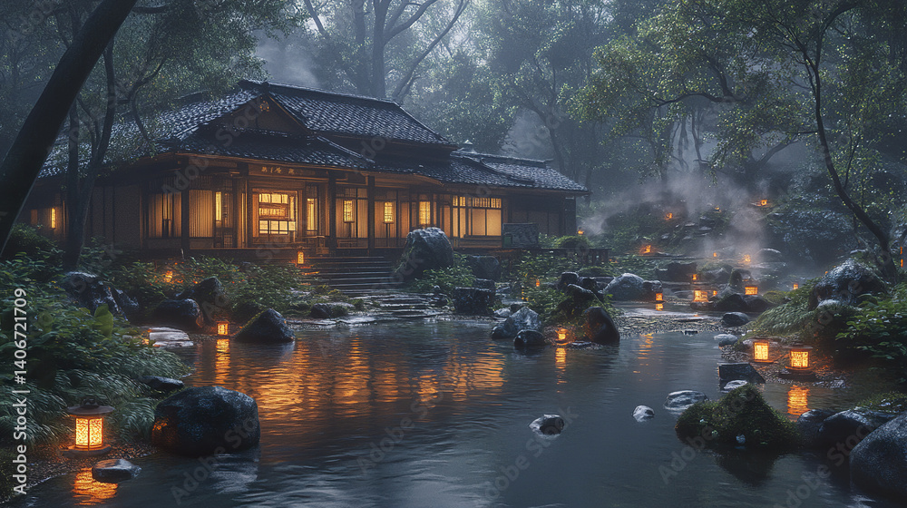Fototapeta premium serene Japanese home by stream with glowing lanterns at night