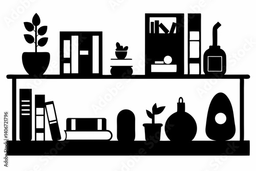 bookshelf decor items silhouette vector illustration