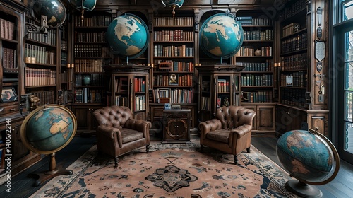 A quiet, scholarly area with floor-to-ceiling bookshelves, reading nooks, and antique globes