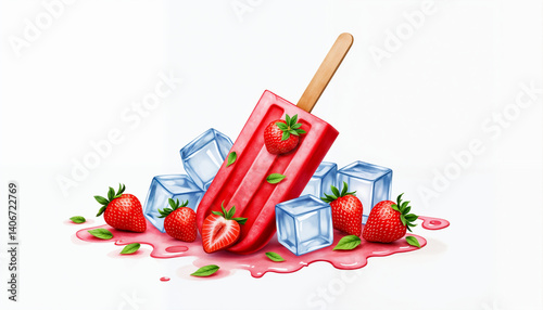 Refreshing Strawberry Popsicle with Ice Cubes