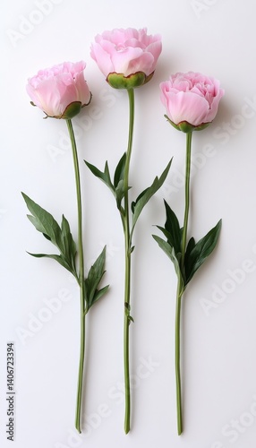 Three Delicate Pink Peonies on Long Green Stems Isolated on a White Background, Copy Space