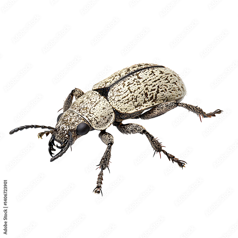 Close up of a weevil insect with textured white and black exoskeleton detailed antennae and legs isolated on a clear transparent background with no shadow or external elements