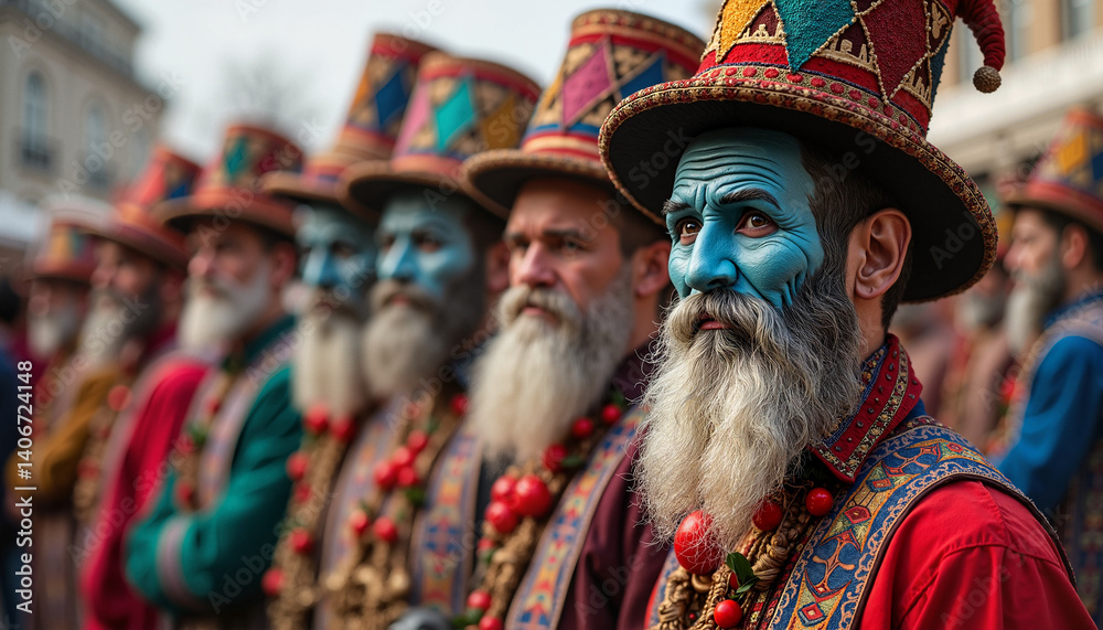 Fototapeta premium Festively dressed men with blue faces celebrating in vibrant attire 
