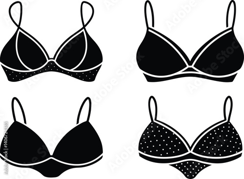 red bra and panties, vector illustration of red bra, set of black bra, black bra set, bikini top silhouette vector icon bundle set on white background.