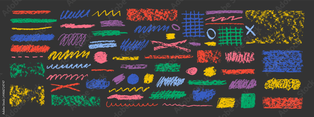 Chalk lines, charcoal highlight strokes doodle set. Grunge hand drawing doodle charcoal squiggles, chalk curly lines. Sketch color vector illustration isolated on a blackboard.