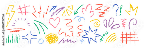 Set of movement elements with crayon, pastel or chalk texture. Expressive, emotion and decoration lines with sun, heart, grid and spot in sketch style. Color vector illustration on a white background.