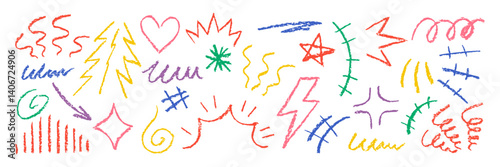 Set of movement elements with crayon, pastel or chalk texture. Expressive, emotion and decoration lines with bolt, heart, star in sketch style. Color vector illustration on a white background.