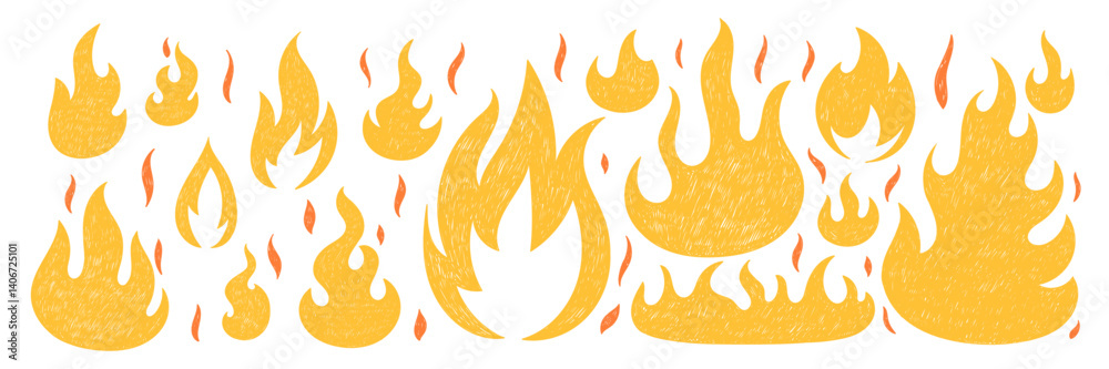 Set of hand drawn fire flames with crayon, pastel, chalk or pencil texture. Grunge elements in sketch style. Yellow vector illustration on a white background.