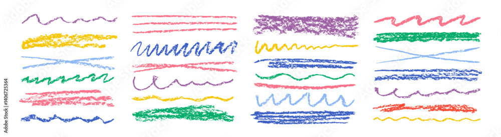 Chalk lines, charcoal highlight strokes doodle set. Kids hand drawing doodle charcoal squiggles, chalk curly lines. Grunge color vector illustration isolated on a white background.