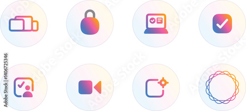 Modern icon interface features web symbols and design elements for laptop, check marks, camera, video, screen, media, internet, application, computer security with lock and approved