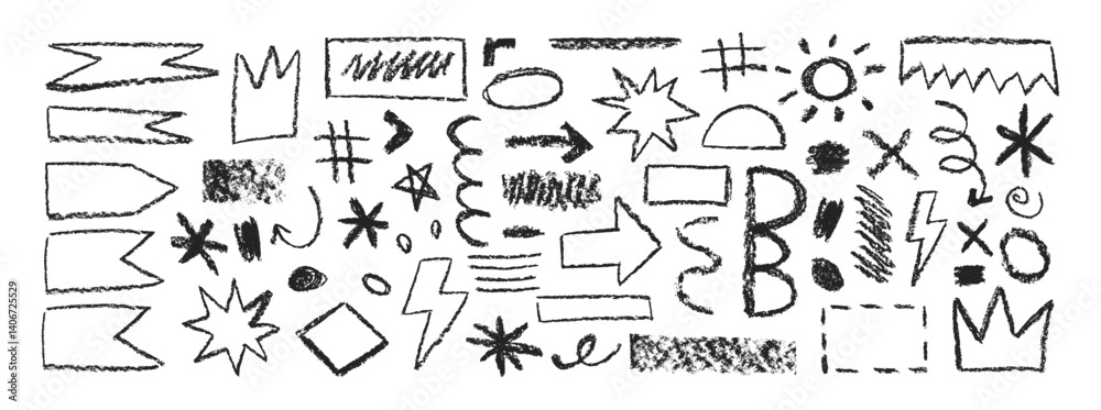 Obraz premium Set of y2k shapes with hand drawn texture of crayon, pastel or chalk. Sun, star, crown and arrow in sketch style. Black vector illustration on a white background.