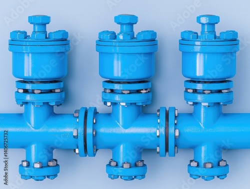 High-Quality Blue Industrial Pipe Fittings with Valves and Flanges on Light Blue Background