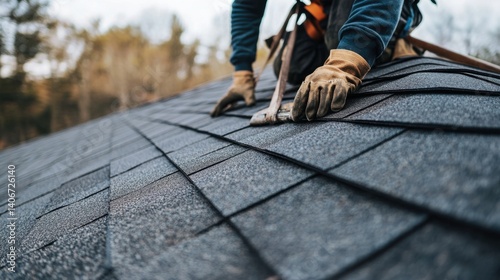 Roofing specialist installing shingles on a sloped roof. Featuring safe roofing techniques
