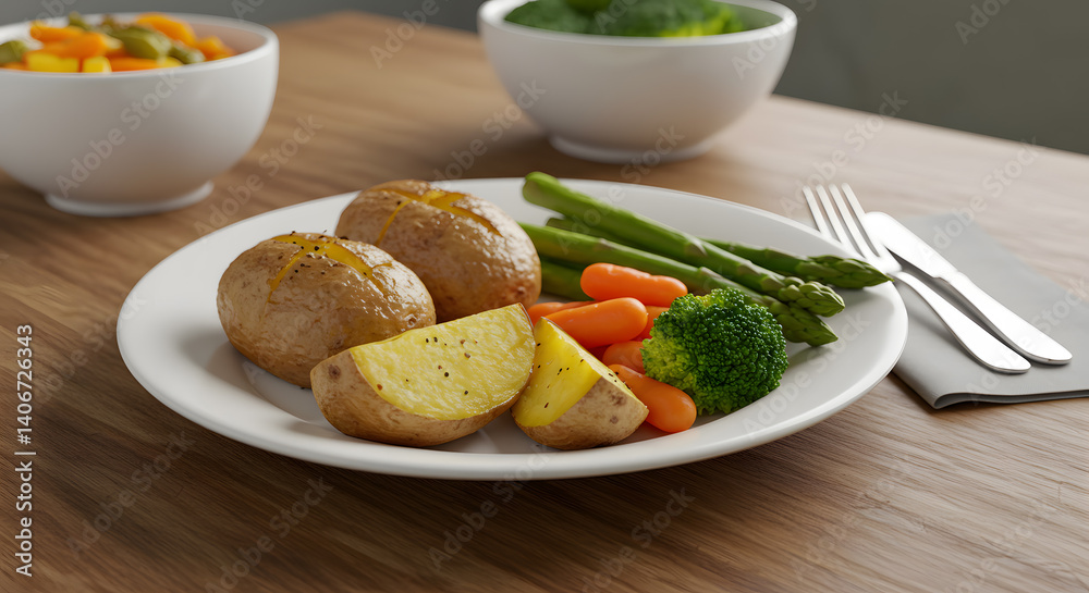 Healthy Plate with Baked Potatoes, Steamed Broccoli, Carrots, and Asparagus Healthy Plate with Baked Potatoes, Steamed Broccoli, Carrots, and Asparagus