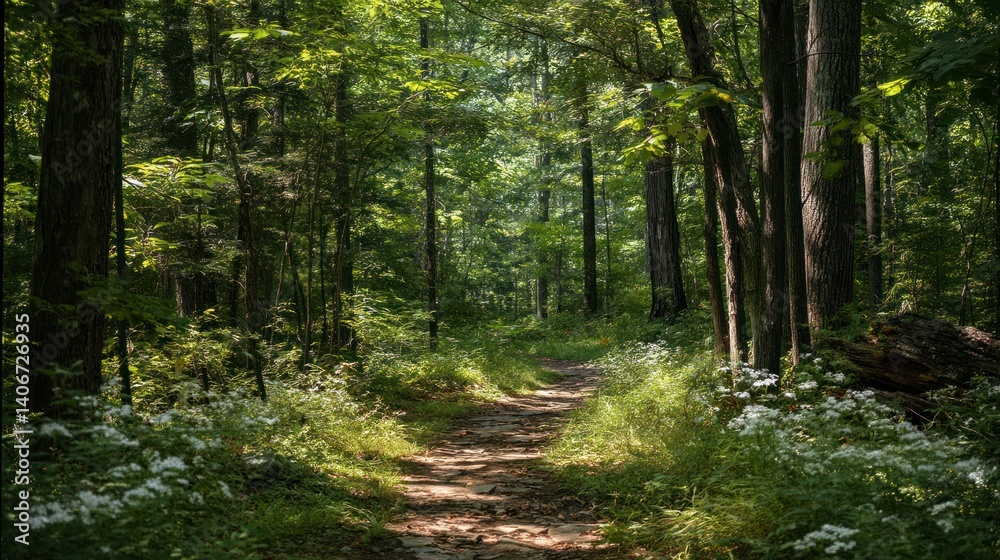 Obraz premium Forest Path: Sun-Dappled Trail Through Lush Green Woods