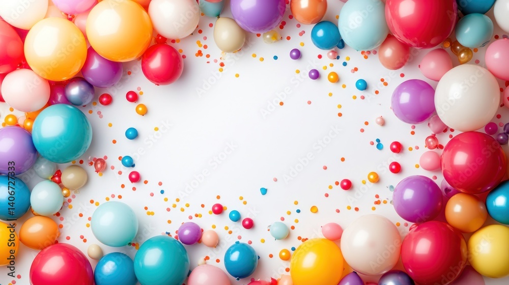 Colorful balloons, confetti, and sprinkles create a party frame on white background Colorful balloons, confetti, and sprinkles create a party frame on white background