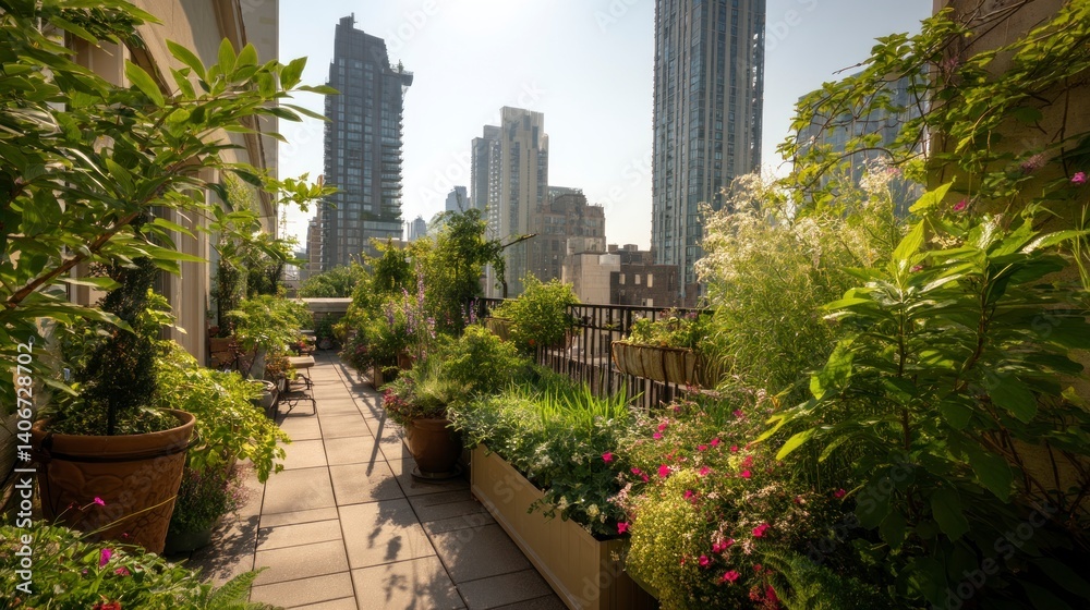 Fototapeta premium Urban Rooftop Garden: Serene Oasis Amidst City Skyline