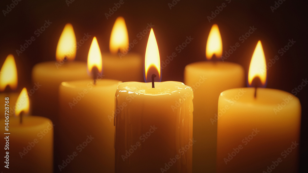 Many burning white candles glowing in dark with shallow depth of field Many burning white candles glowing in dark with shallow depth of field
