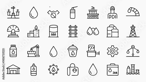 Oil production and refinery icon collection in outline style designed for presentations energy company branding mobile apps and informative content