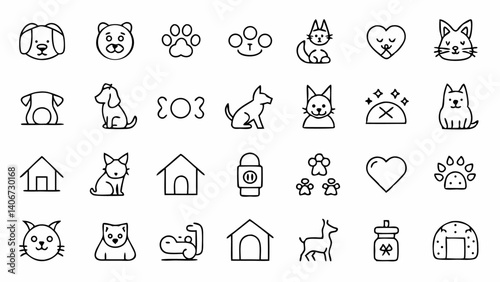 Pet friendly themed outline icon collection featuring dogs cats care items and pet shop essentials designed for websites apps packaging and educational content