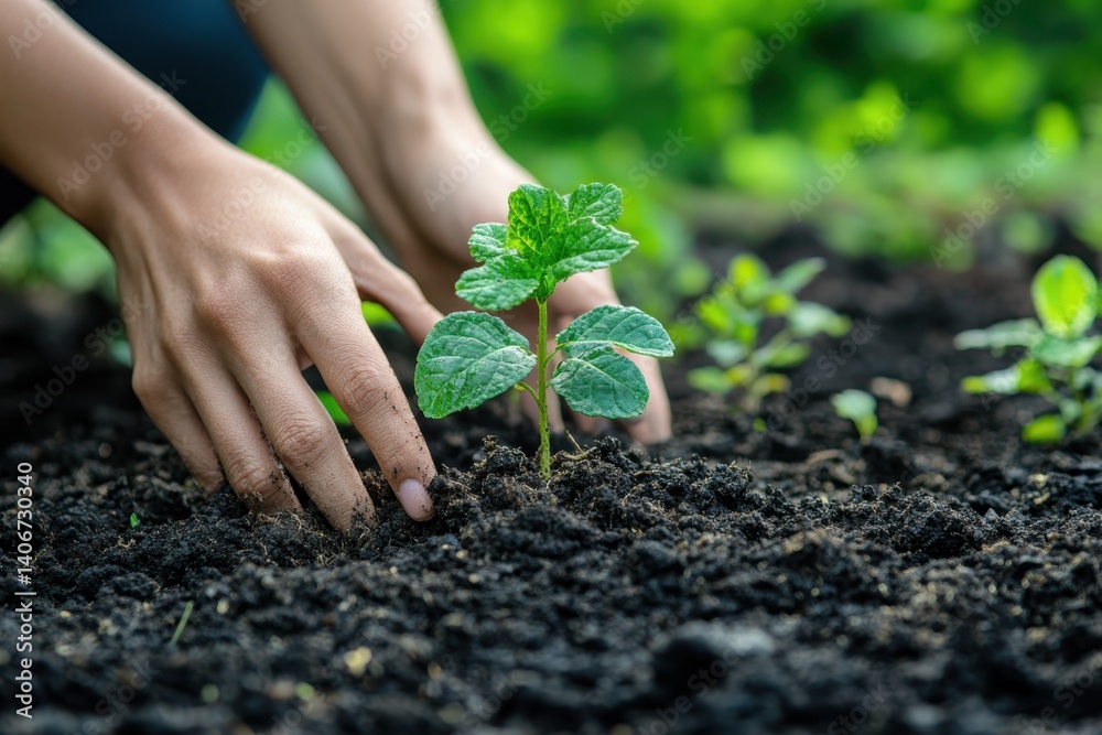Hand planting a young mint plant in rich, dark soil during early spring gardening activities