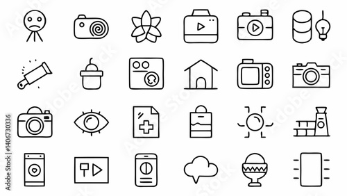 Clean and detailed photography icon bundle in outline style ideal for digital design projects camera app interfaces content creators and ecommerce themes