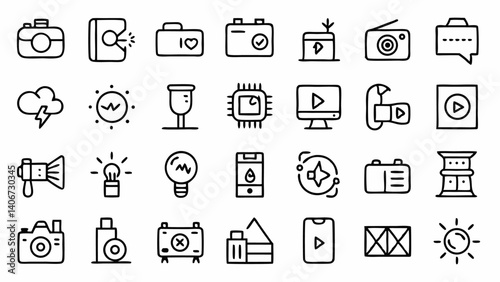 Creative photography icons in linear design highlighting shooting tools editing accessories and media gear for content platforms portfolios and UI projects
