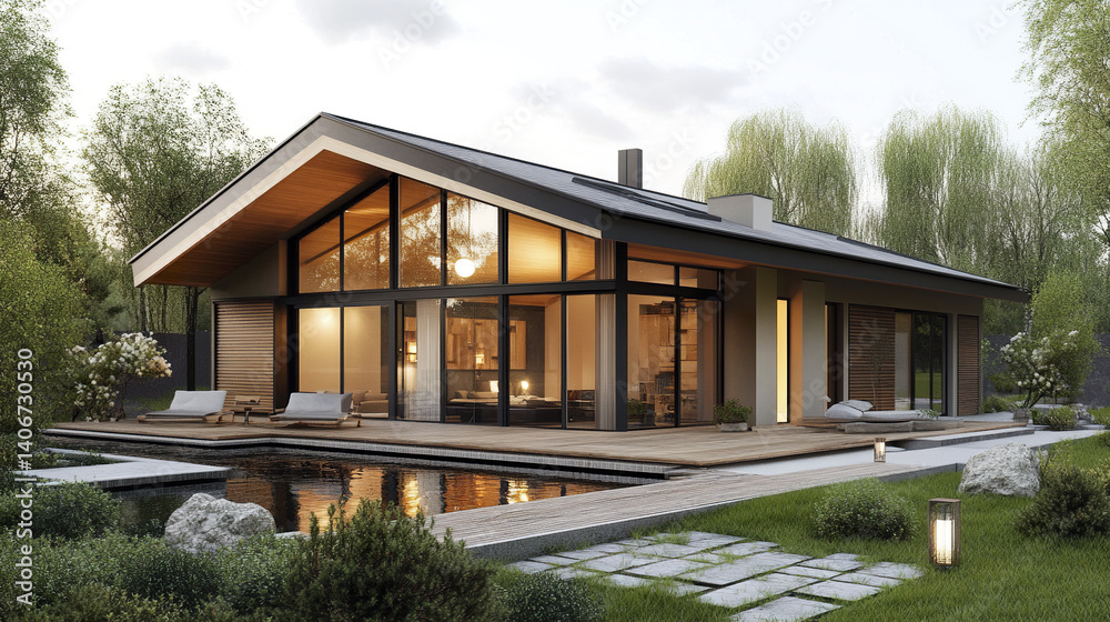 Fototapeta premium Modern house with large windows and garden, featuring serene atmosphere