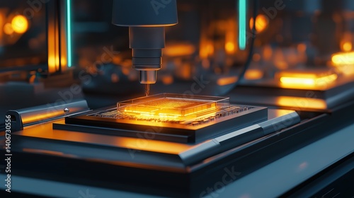 Microchip fabrication in cleanroom environment with photolithography machine and laser etching tools. Semiconductor manufacturing process showcasing nanotechnology and microscopic circuit patterns