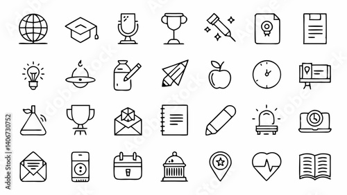 Discover an elegant set of outline icons covering various school subjects made in a minimal linear style perfect for education apps teaching materials and classroom visuals