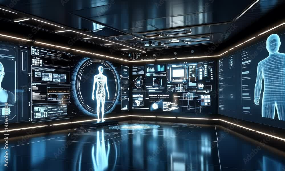 Futuristic medical scan, holographic human body analysis, dark room, digital interface