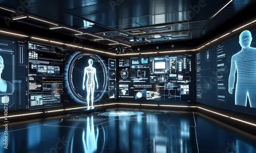 Futuristic medical scan, holographic human body analysis, dark room, digital interface