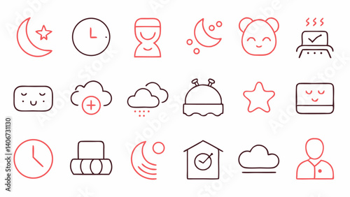 This unique set of outline icons highlights the theme of sleep in a linear modern style suitable for health and wellness platforms calming apps and bedtime stories content