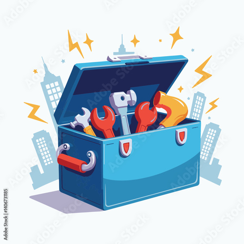 Dynamic superhero toolbox with tools, a symbol of creativity