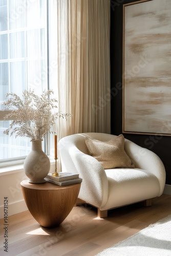 a neutral toned organic modern living room corner with a cozy white armchair