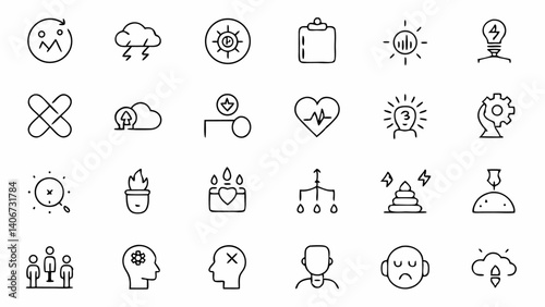 An aesthetic set of linear outline icons representing different aspects of stress and relaxation designed to enhance visuals for wellness therapy or mental health content