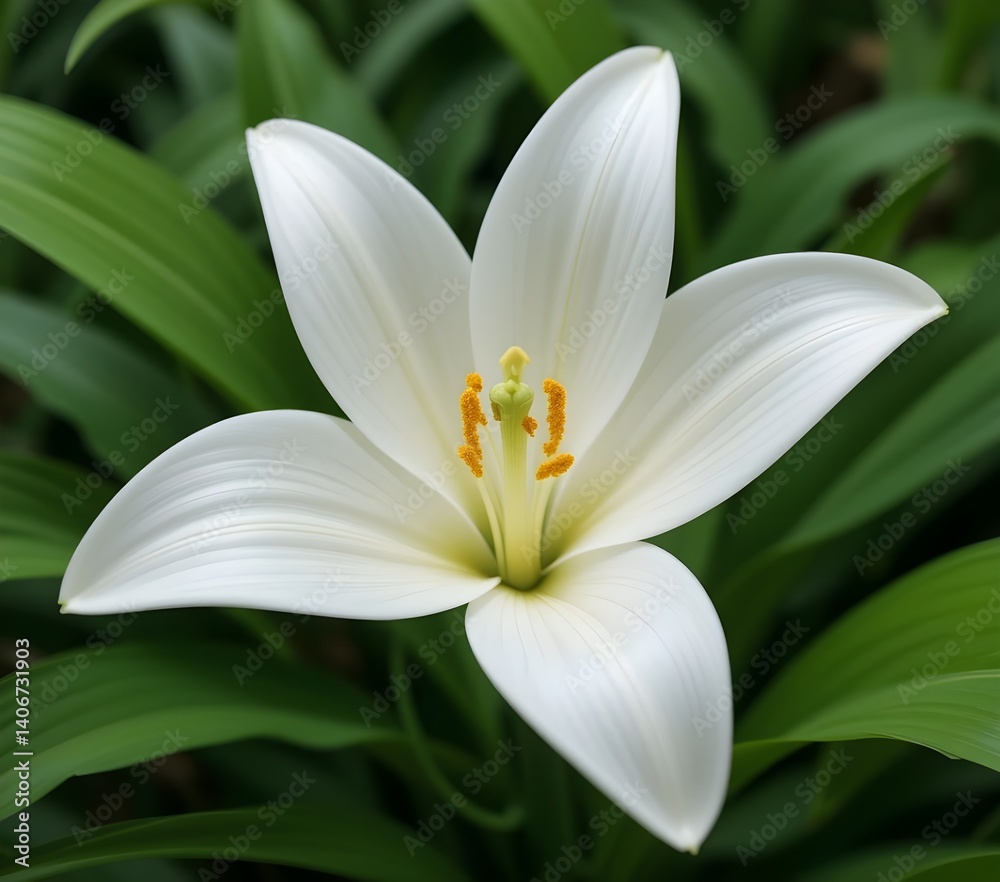 A pristine white lily surrounded by lush green leaves, captured with soft focus on the edges for a dreamy effect. Camera settings: f/3.5, ISO 100, 1/320s. A pristine white lily surrounded by lush green leaves, captured with soft focus on the edges for a dreamy effect. Camera settings: f/3.5, ISO 100, 1/320s.