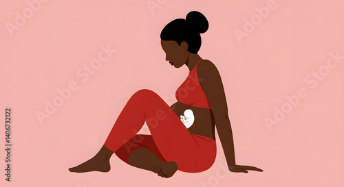 Pregnant woman sitting, with a peaceful moment of connection. Concept on maternity, motherhood, and pregnancy. Colorful vector illustration.

