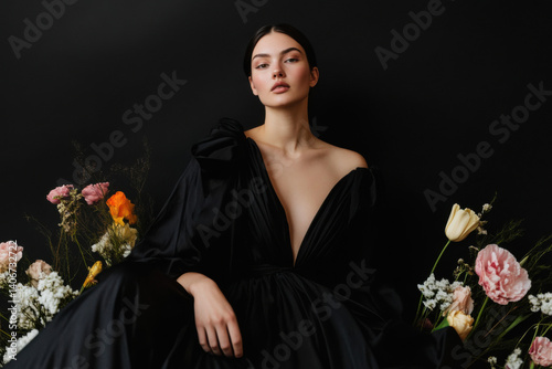 Fashion model posing in elegant black dress amidst colorful flowers