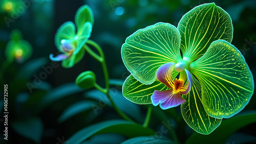 A glowing orchid with intricate patterns, surrounded by lush greenery, showcasing vibrant colors and delicate beauty.