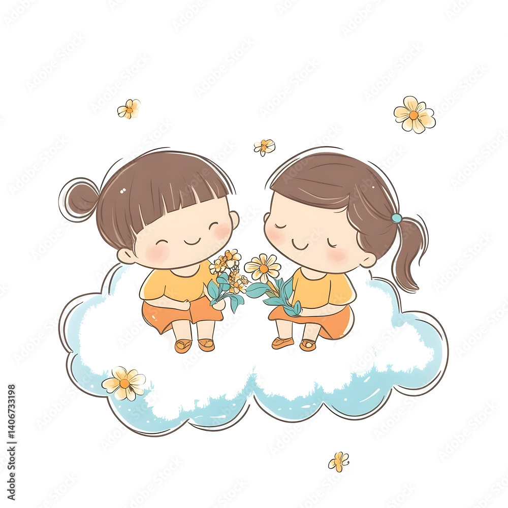 Two Young Girls Sitting on Clouds Holding Flowers Against a Transparent Background Two Young Girls Sitting on Clouds Holding Flowers Against a Transparent Background