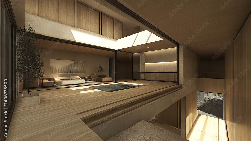 Fototapeta premium serene Japanese style interior with natural wood elements and soft lighting