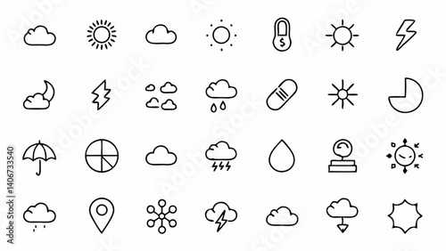 Stylish and modern outline weather icons featuring sun rain snow and other climate elements ideal for weather apps user interfaces and informative graphics