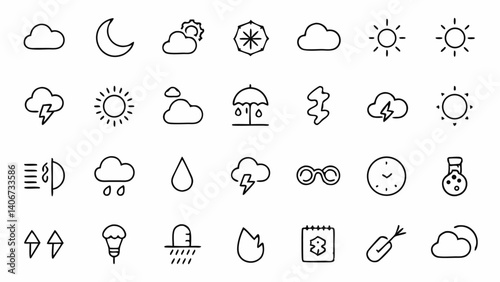 Set of unique outline icons based on weather themes including sun clouds rain and storms perfect for meteorological visualizations and forecast designs