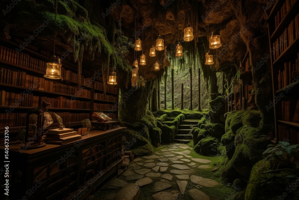 A moss-covered ancient library hidden in the forest, glowing lanterns lighting the shelves, mystical atmosphere A moss-covered ancient library hidden in the forest, glowing lanterns lighting the shelves, mystical atmosphere