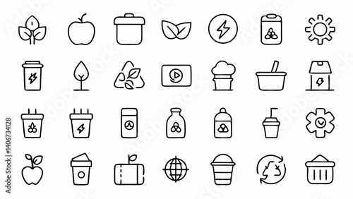 Clean and modern zero waste icons in a linear style highlighting sustainable living recycling reuse and eco friendly practices ideal for green projects or brands