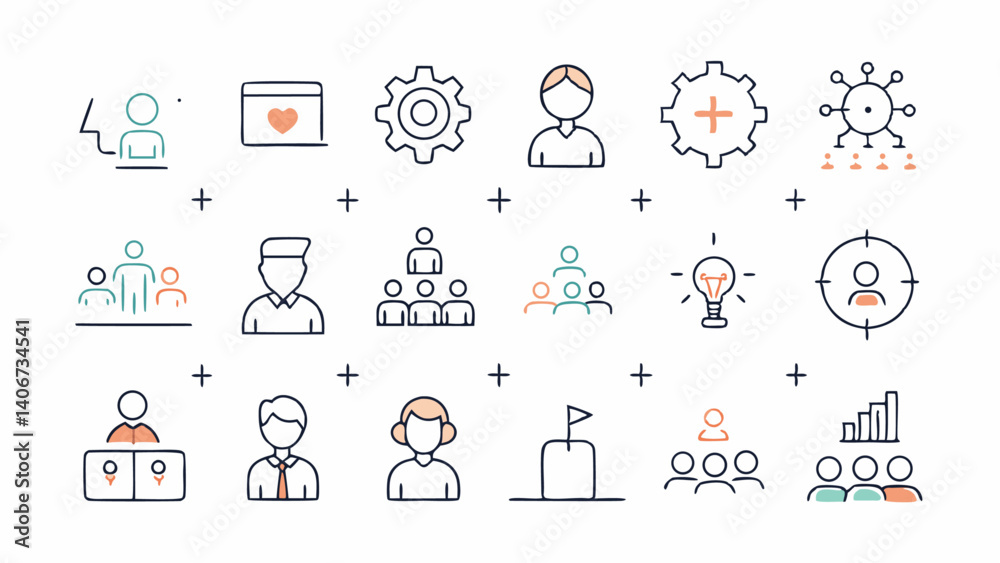 Professional set of teamwork and group collaboration linear icons perfect for illustrating company culture team success productivity and HR related content