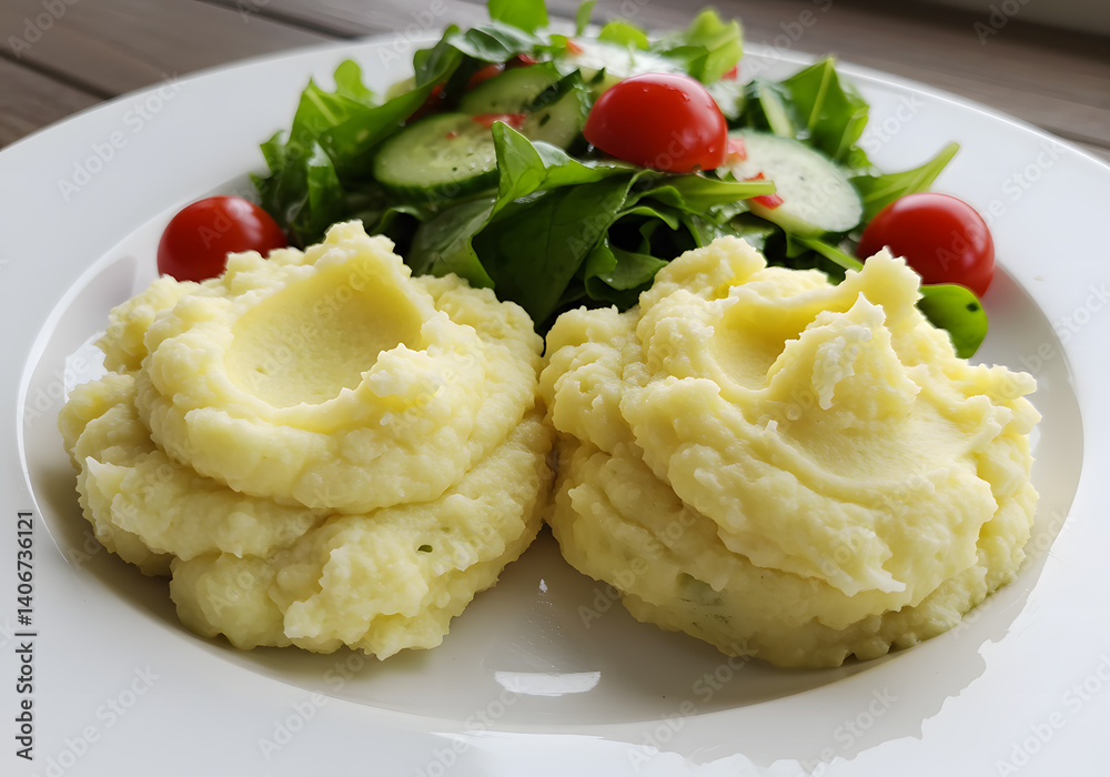 Creamy Mashed Potatoes with Fresh Salad and Cherry Tomatoes Creamy Mashed Potatoes with Fresh Salad and Cherry Tomatoes